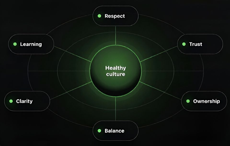 DriveSync culture values diagram showing respect, trust, ownership, balance, clarity, and learning around healthy culture.